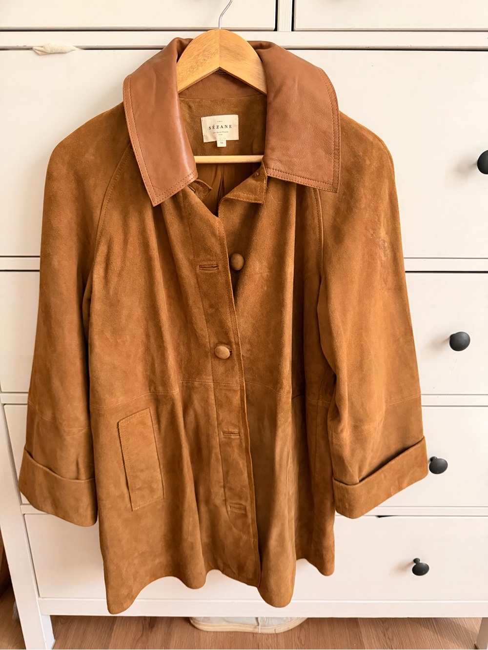Sezane Cognac Suede Coat with Leather Collar